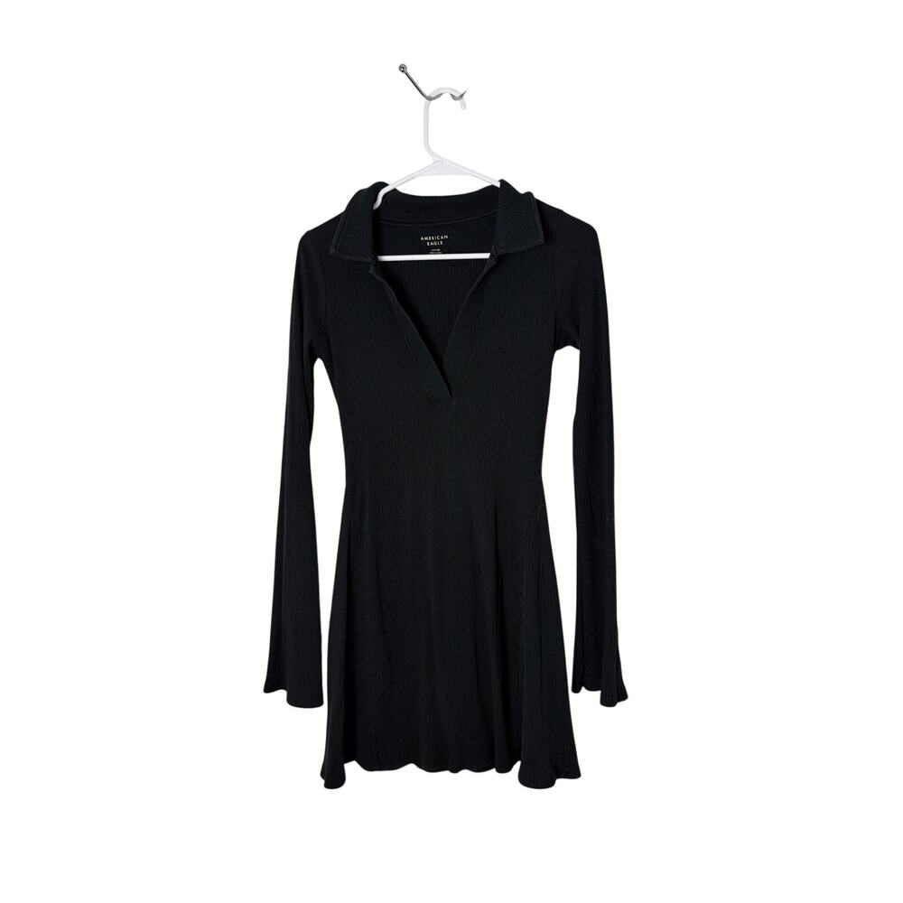 American Eagle Black Ribbed Mini Dress Small Long Sleeve V-Neck Collared